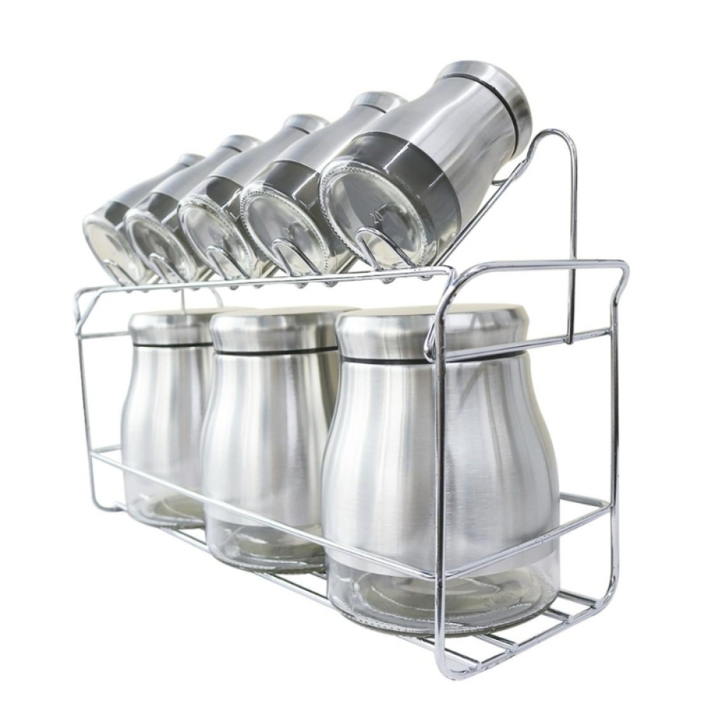  Set Suport și Condimente Premium - 5 Solnițe, 3 Borcane și Suport Elegant