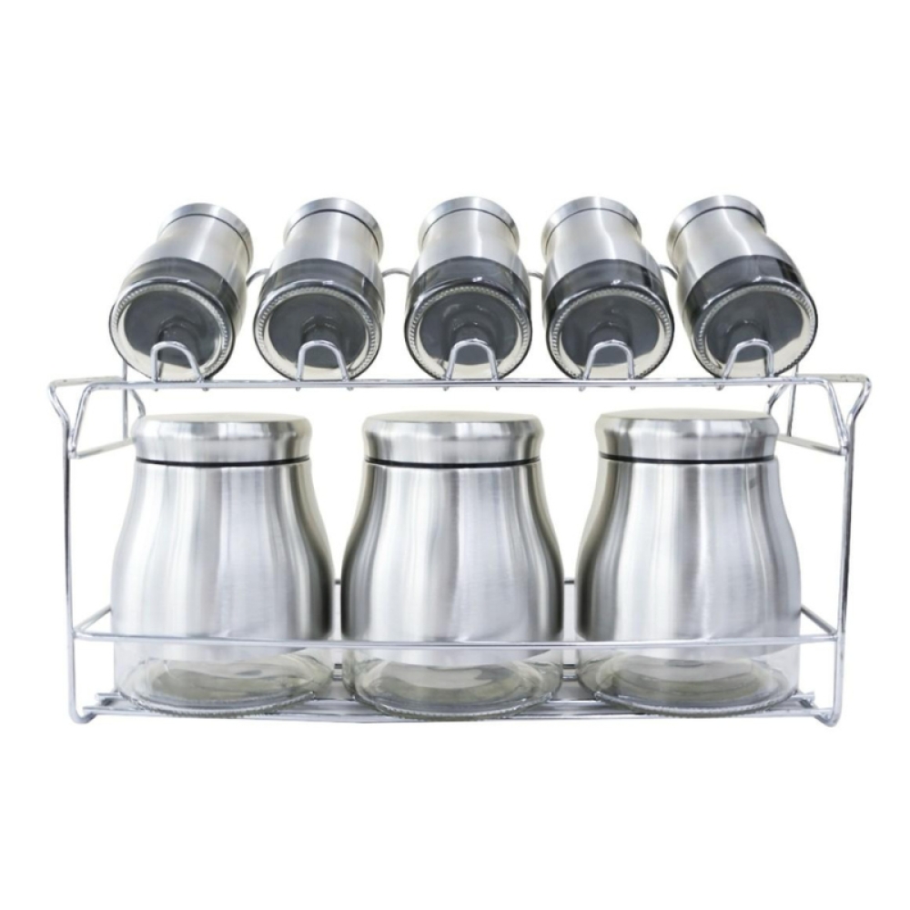  Set Suport și Condimente Premium - 5 Solnițe, 3 Borcane și Suport Elegant