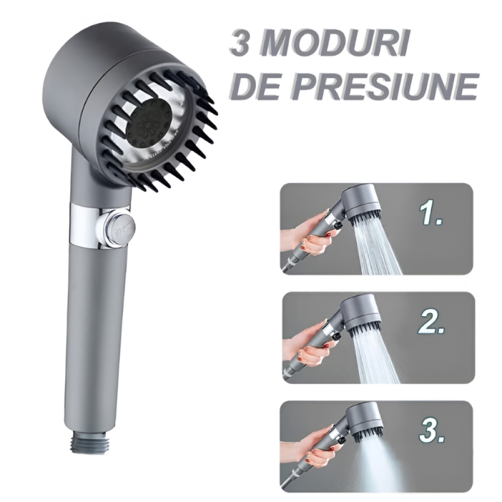  Para Dus cu Perie Masaj,  27 x 6 x 7.5 cm, 3 Moduri Presiune, Filtru pentru Captarea Impuritatilor, Gri Metalic - Engros
