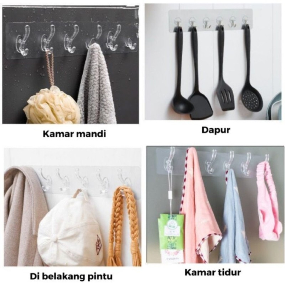  Cuier din plastic cu adeziv puternic si 5 carlige, 35 x 6 cm, Transparent - Engros