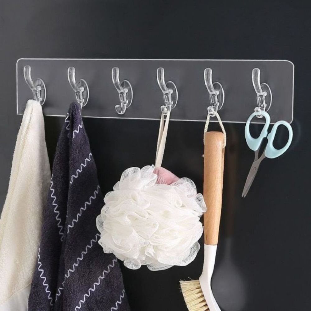  Cuier din plastic cu adeziv puternic si 5 carlige, 35 x 6 cm, Transparent - Engros