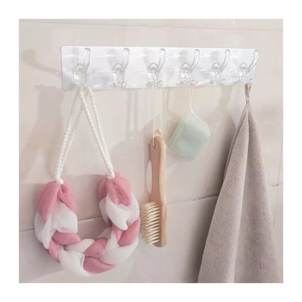  Cuier din plastic cu adeziv puternic si 5 carlige, 35 x 6 cm, Transparent - Engros