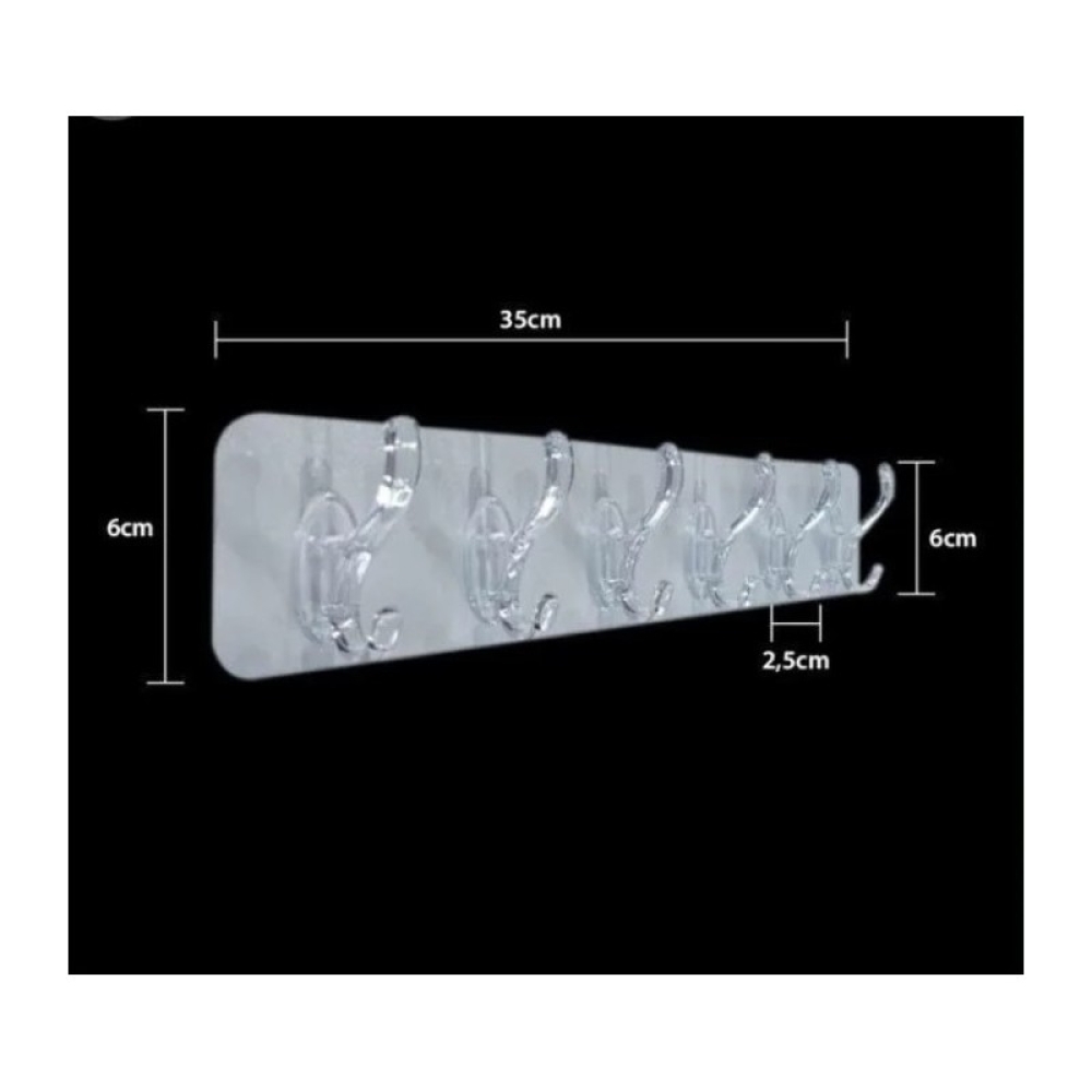  Cuier din plastic cu adeziv puternic si 5 carlige, 35 x 6 cm, Transparent - Engros