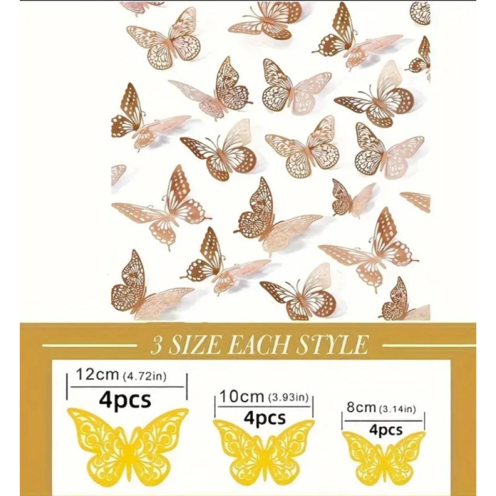  Set Sticker Perete , Fluturi Metalici 3D , Auriu, 12 buc, 11 - 9.5 cm, Auriu, Engros