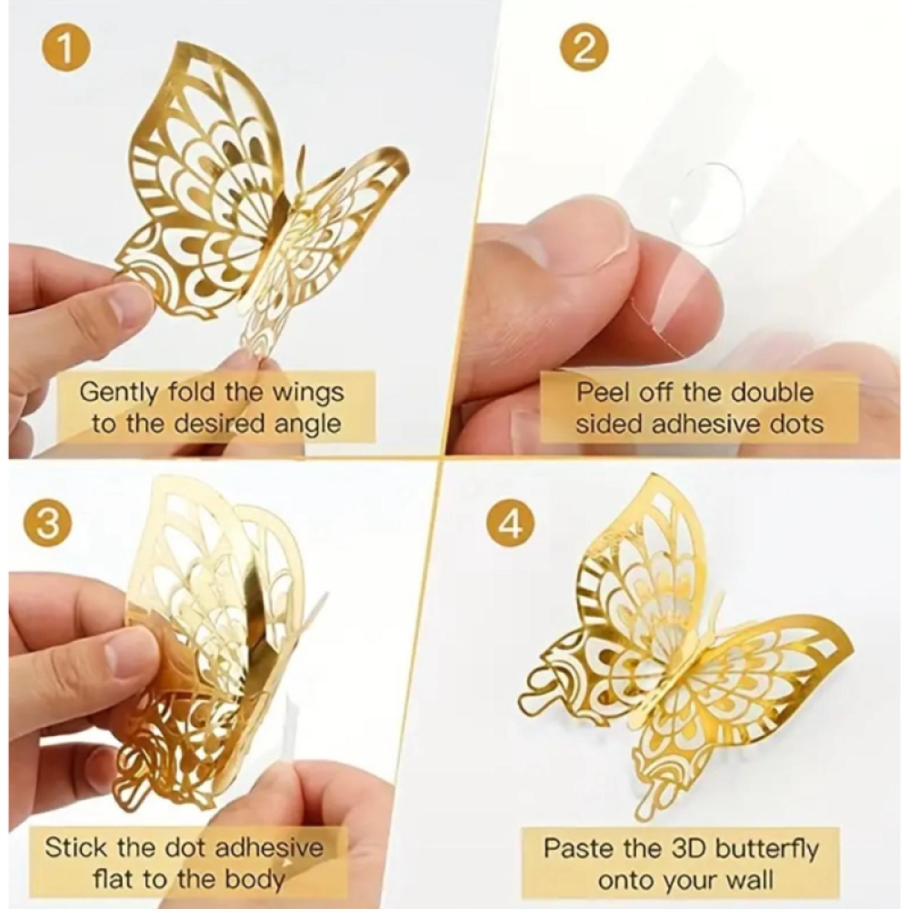  Set Sticker Perete , Fluturi Metalici 3D , Auriu, 12 buc, 11 - 9.5 cm, Auriu, Engros