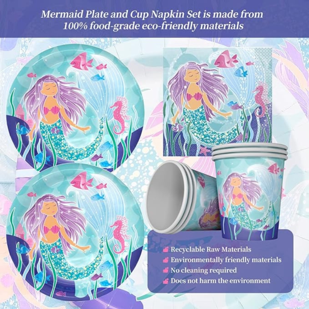  Set Aniversar Mica Sirena - 122 Piese, Farfurii, Pahare, Tacâmuri și Decoratiuni