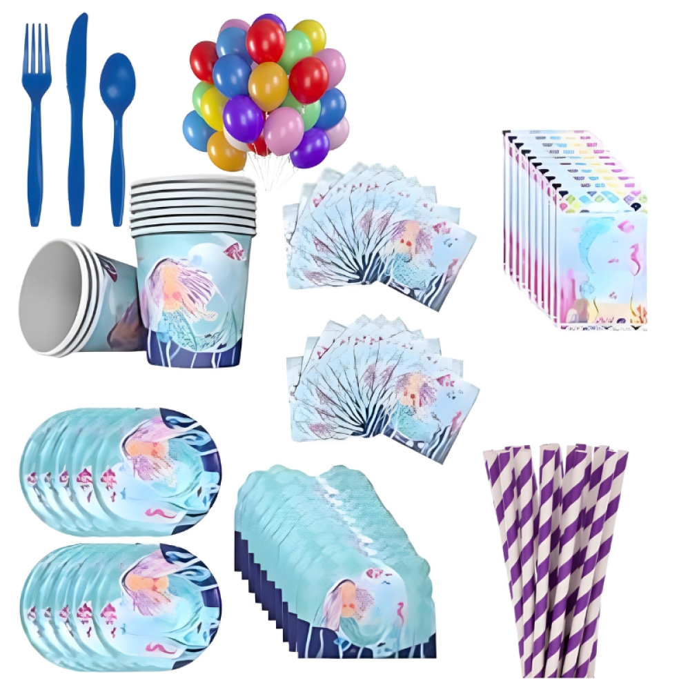 Set Aniversar Mica Sirena - 122 Piese, Farfurii, Pahare, Tacâmuri și Decoratiuni