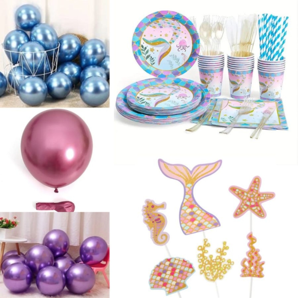  Set Aniversar Sirena - 153 Piese, Farfurii, Pahare, Tacâmuri și Decoratiuni