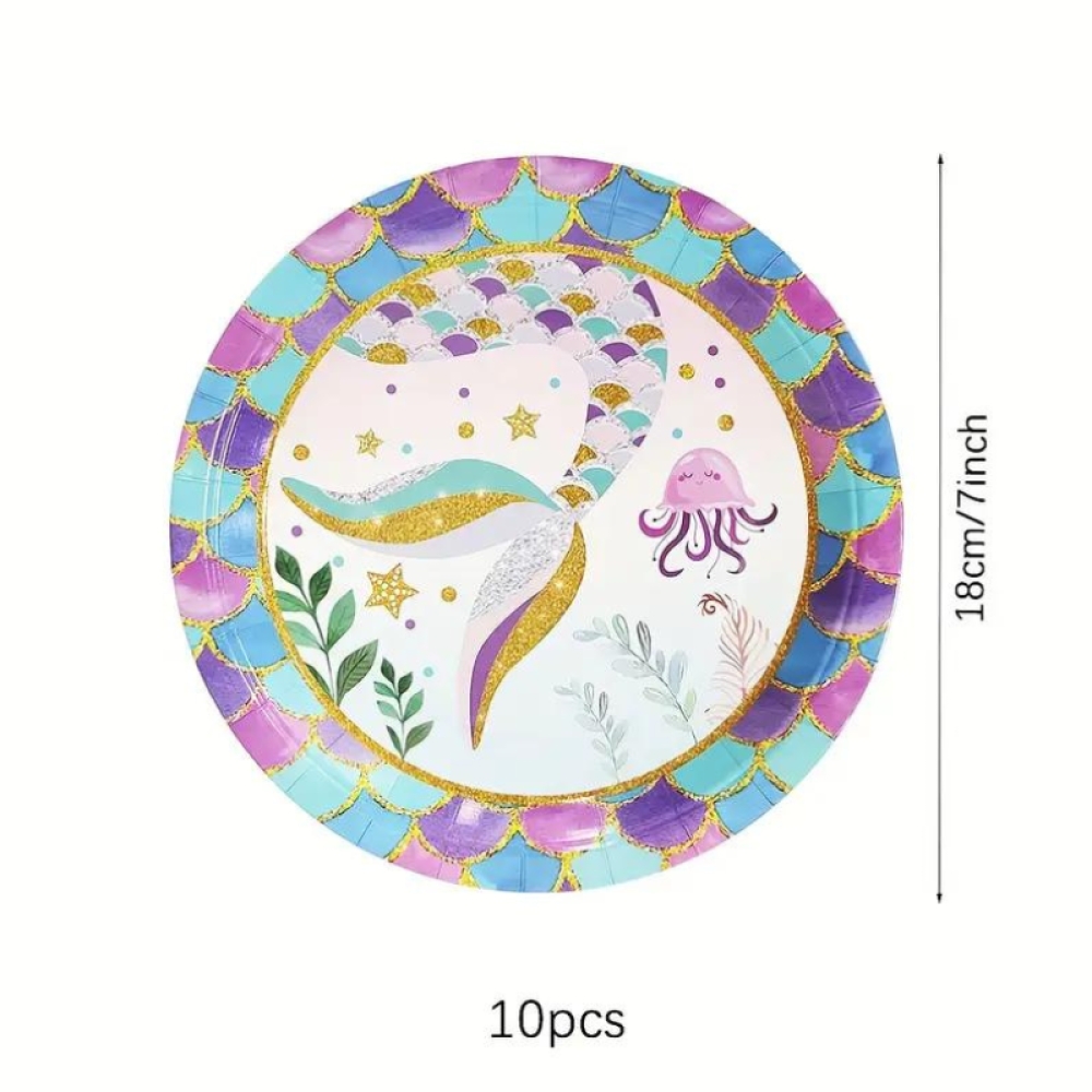  Set Aniversar Sirena - 153 Piese, Farfurii, Pahare, Tacâmuri și Decoratiuni