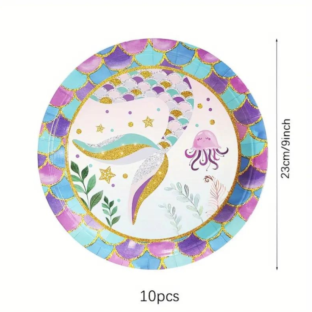  Set Aniversar Sirena - 153 Piese, Farfurii, Pahare, Tacâmuri și Decoratiuni