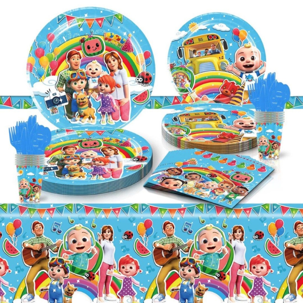 Set Aniversar Cocomelon - 144 Piese, Farfurii, Pahare, Tacâmuri și Decoratiuni