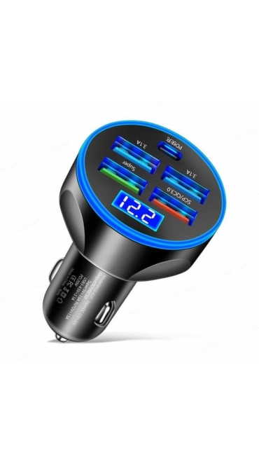 Incarcator auto cu afisaj led, 45W super fast charge, 1 x Tip C, 1 x USB 3.0, corp aliaj aluminiu, universal, negru, Engros