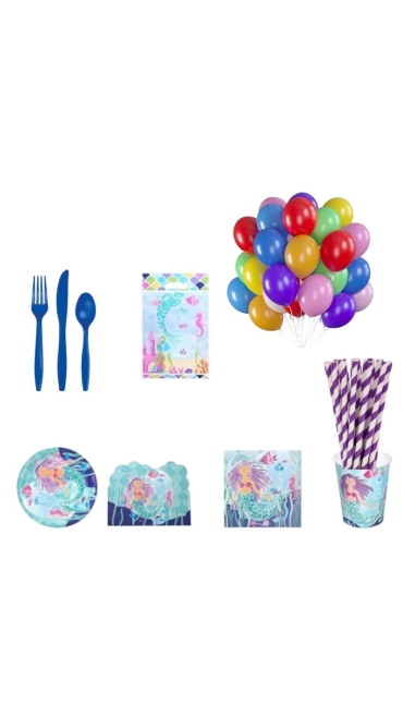 Set Aniversar Mica Sirena - 122 Piese, Farfurii, Pahare, Tacâmuri și Decoratiuni