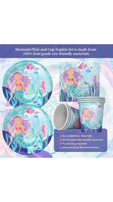 Set Aniversar Mica Sirena - 122 Piese, Farfurii, Pahare, Tacâmuri și Decoratiuni