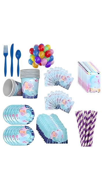 Set Aniversar Mica Sirena - 122 Piese, Farfurii, Pahare, Tacâmuri și Decoratiuni