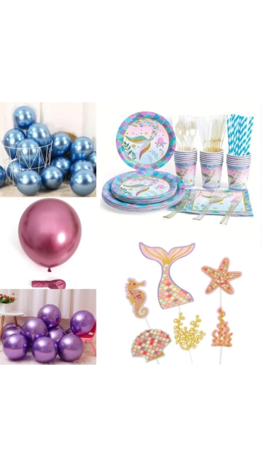 Set Aniversar Sirena - 153 Piese, Farfurii, Pahare, Tacâmuri și Decoratiuni