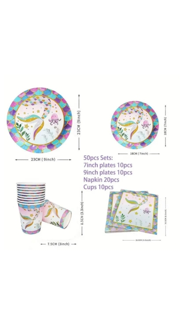 Set Aniversar Sirena - 153 Piese, Farfurii, Pahare, Tacâmuri și Decoratiuni