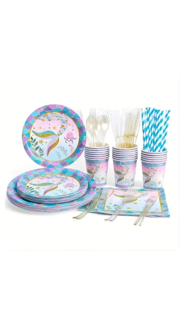 Set Aniversar Sirena - 153 Piese, Farfurii, Pahare, Tacâmuri și Decoratiuni