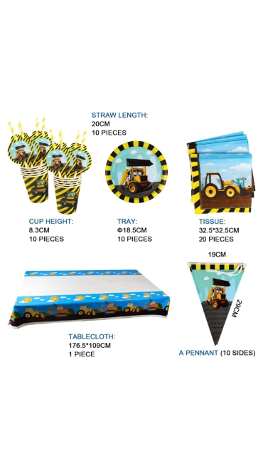Set Aniversar Camioneta - 121 Piese, Farfurii, Pahare, Tacâmuri și Decoratiuni