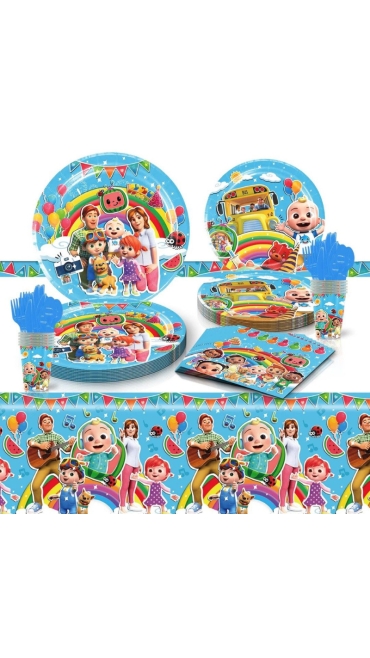 Set Aniversar Cocomelon - 144 Piese, Farfurii, Pahare, Tacâmuri și Decoratiuni