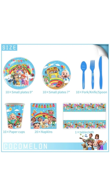 Set Aniversar Cocomelon - 144 Piese, Farfurii, Pahare, Tacâmuri și Decoratiuni