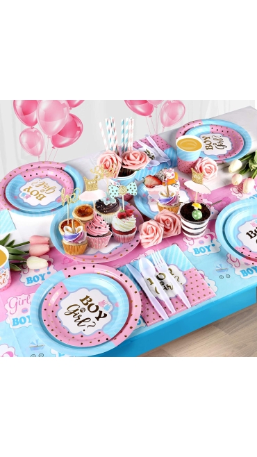 Set Baby Shower, Boy or Girl, 154 Piese, Farfurii, Pahare, Tacâmuri și Decoratiuni