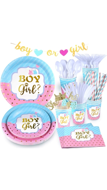 Set Baby Shower, Boy or Girl, 154 Piese, Farfurii, Pahare, Tacâmuri și Decoratiuni