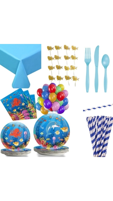 Set Aniversar Tema Pește - 122 Piese, Farfurii, Pahare, Tacâmuri și Decoratiuni - Engros